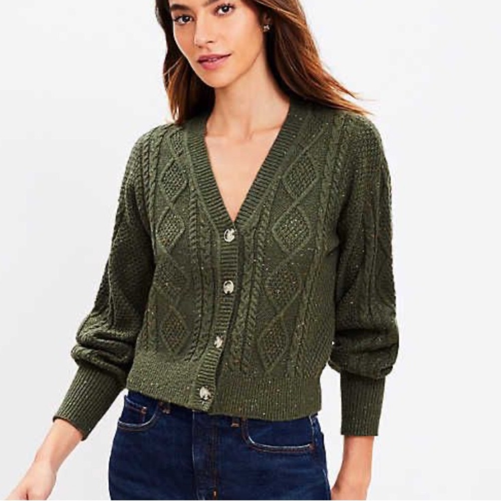 NWT New LOFT Forest Green Flecked Cable Knit Cardigan Sweater XLarge XL